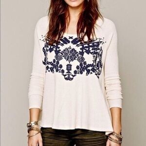 We The Free Free People Cream Waffle Shirt Navy Graphic Boho A Line Size S